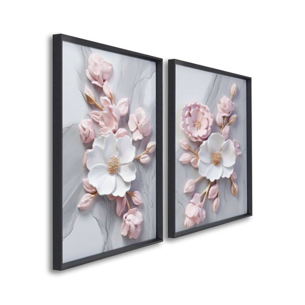 Quadro Decorativo Floral Flor de Porcelana com 2 Telas de Parede para Sala Quarto Escritório 60cm x Preto