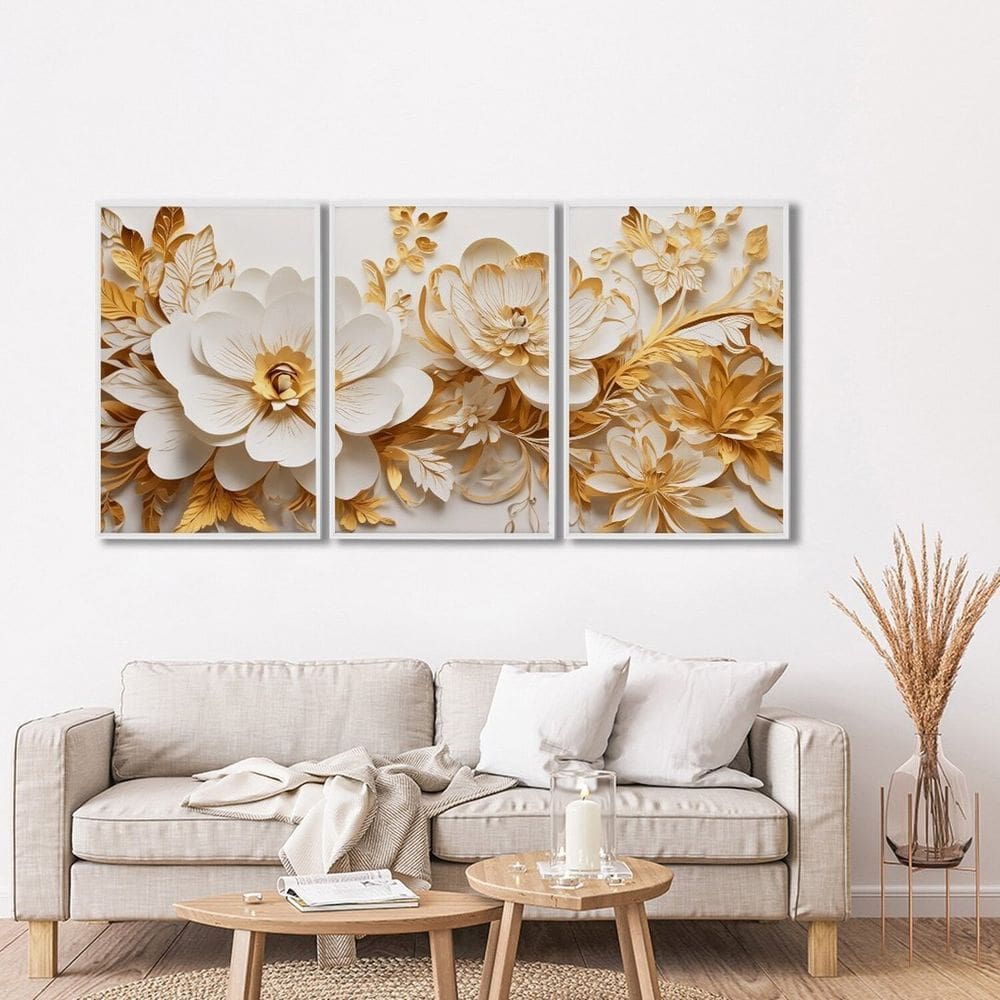 Quadro Decorativo Floral Delicado Flores Brancas e Amarelas com 3 Telas de Parede para Sala Quarto e Branco