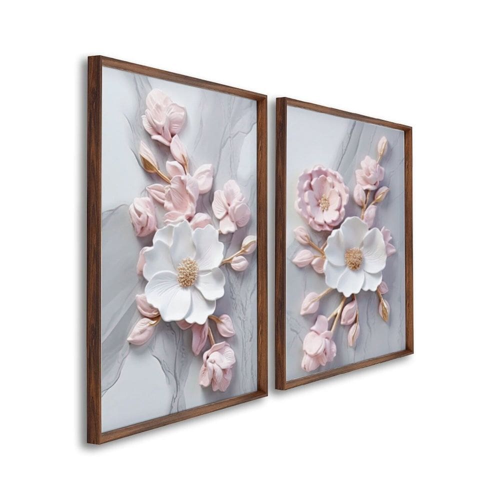 Quadro Decorativo Floral Flor de Porcelana com 2 Telas de Parede para Sala Quarto Escritório 60cm x Marrom