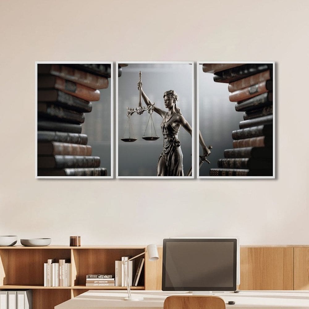 Quadro Decorativo Temático Direito Livros com 3 Telas para Banheiro Escritório Sala Branco