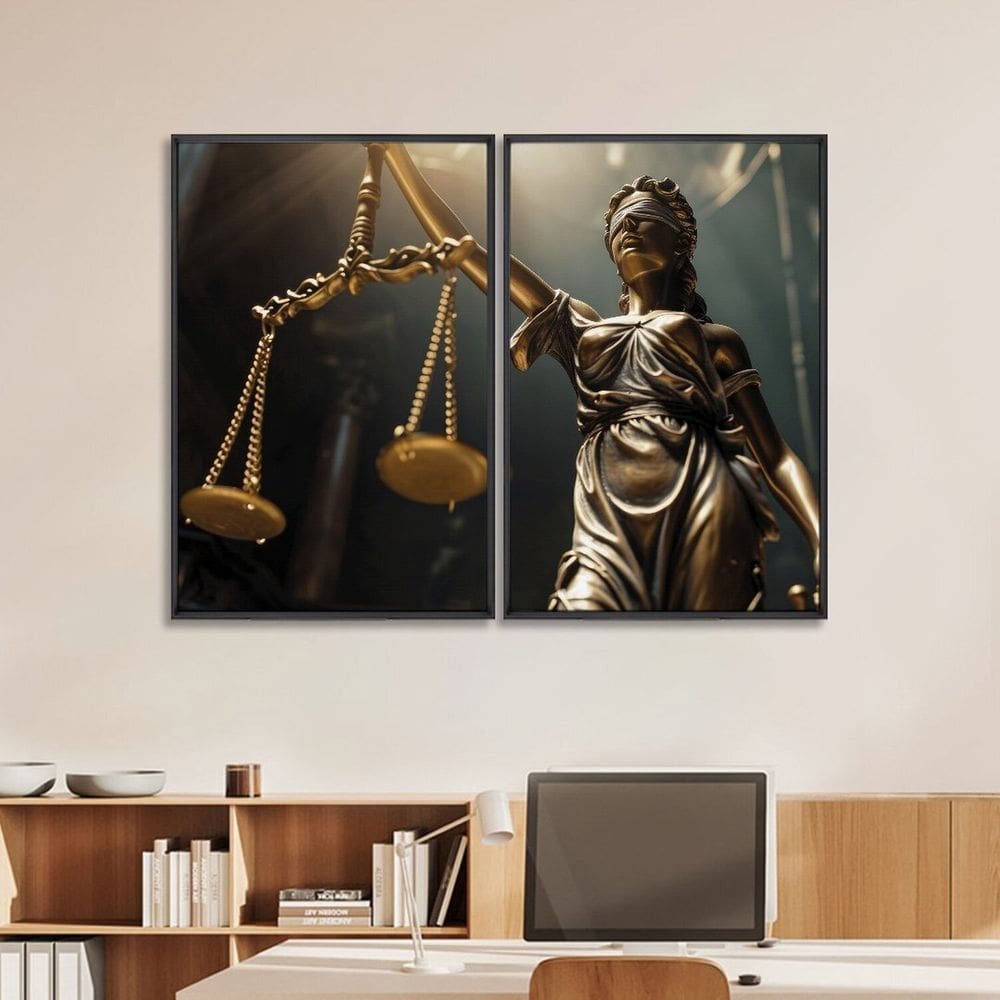Quadro Decorativo Temático Direito Balança da Justiça com 2 Telas de Parede para Escritório Sala Hal Preto