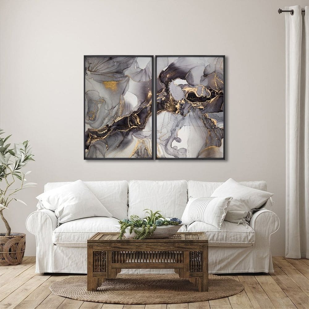 Quadro Decorativo Ouro e Cinza com 2 Telas de Parede para Sala Quarto Escritório 60cm X 90cm Preto