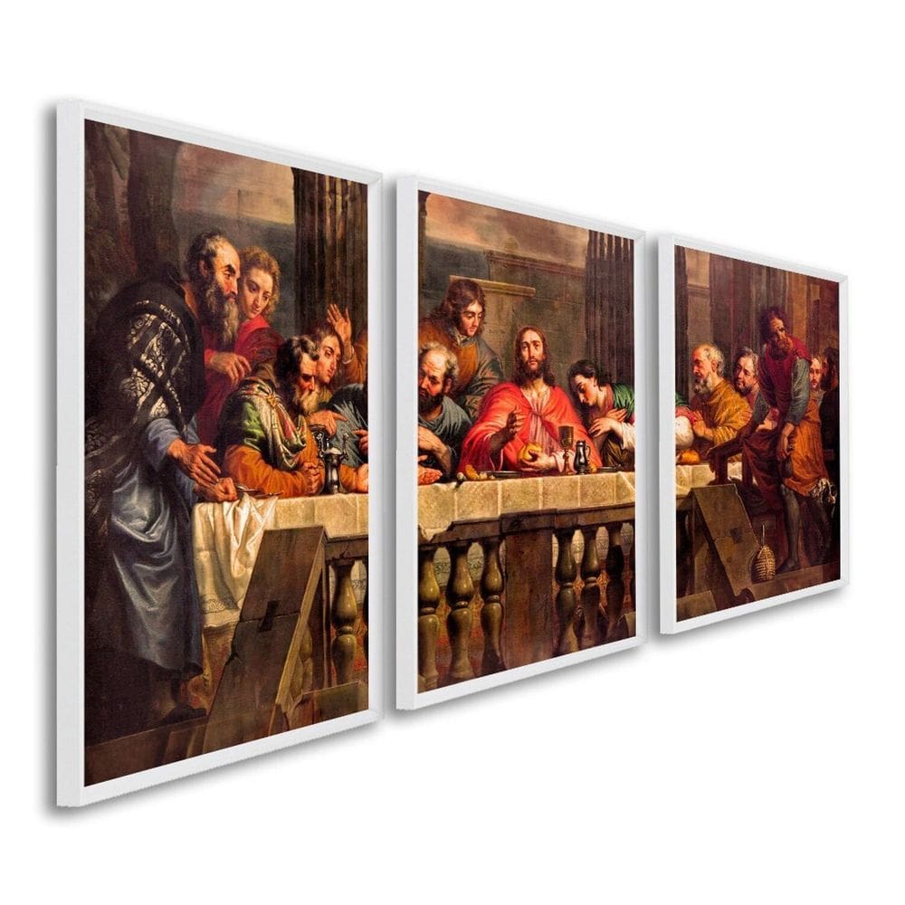 Quadro Decorativo Religioso a Santa Ceia com 3 Telas para Sala Quarto Igreja 60cm X 90cm Branco