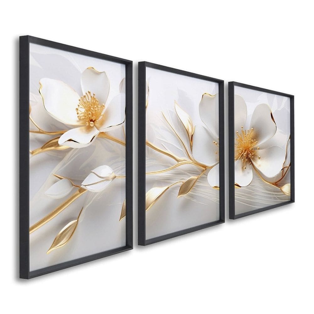 Quadro Decorativo Modelo Floral com 3 Telas de Parede para Sala Quarto Escritório 60cm X 90cm Preto