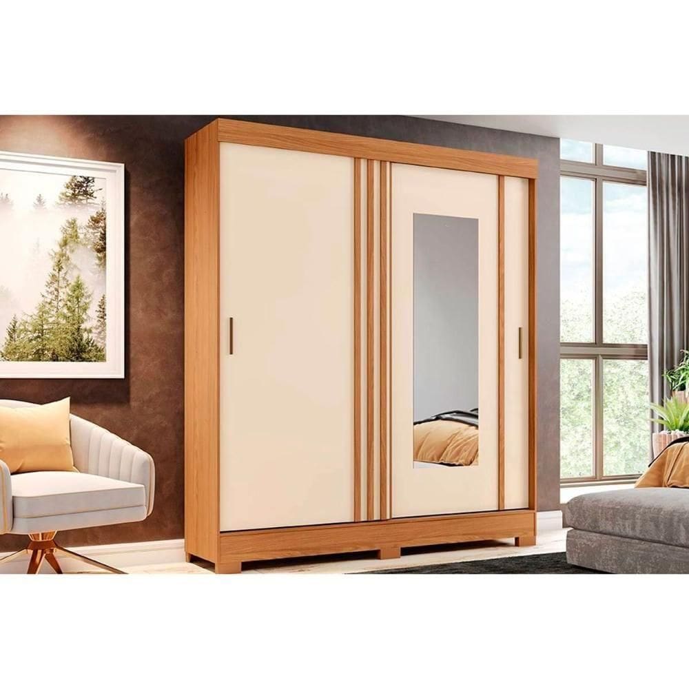 Guarda Roupa Solteiro 2 Portas De Correr (1 C- Espelho) E 2 Gavetas C- Pés Briz B353 Nature-cinza-off White