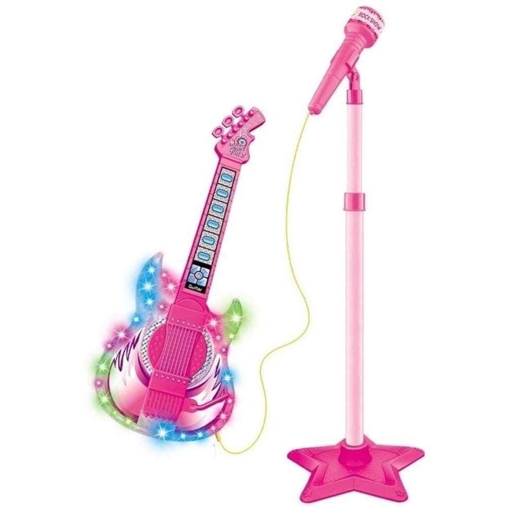 Kit Microfone Guitarra Infantil Meninas Pedestal Rock Star Amplificador Musical Karaoke Mp3 Celular