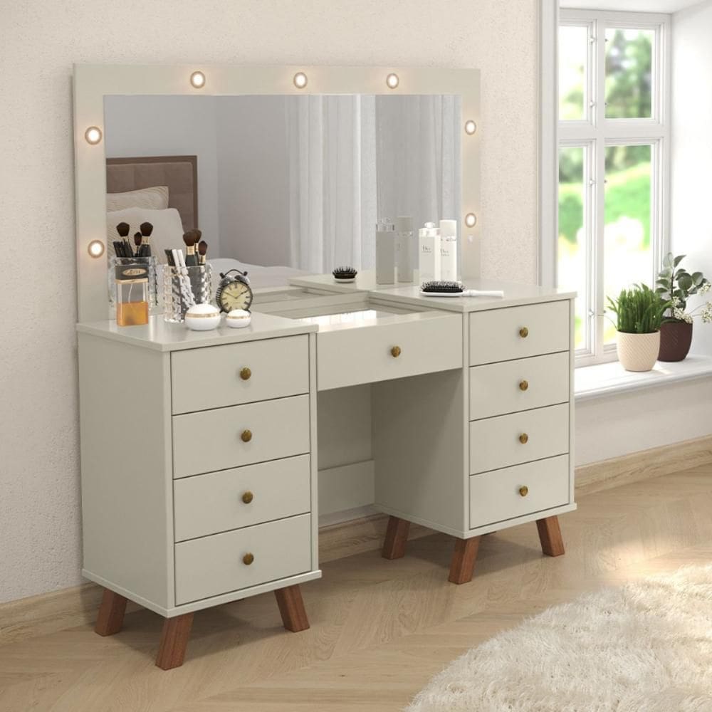 Penteadeira Com Camarim Eloisa 9 Gavetas Off White\r\n