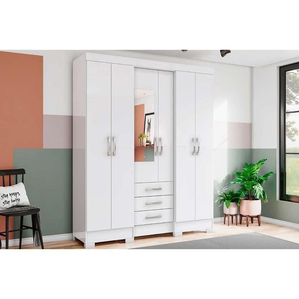 Guarda Roupa Solteiro 6 Portas E 3 Gavetas C- Espelho Briz B23 Branco