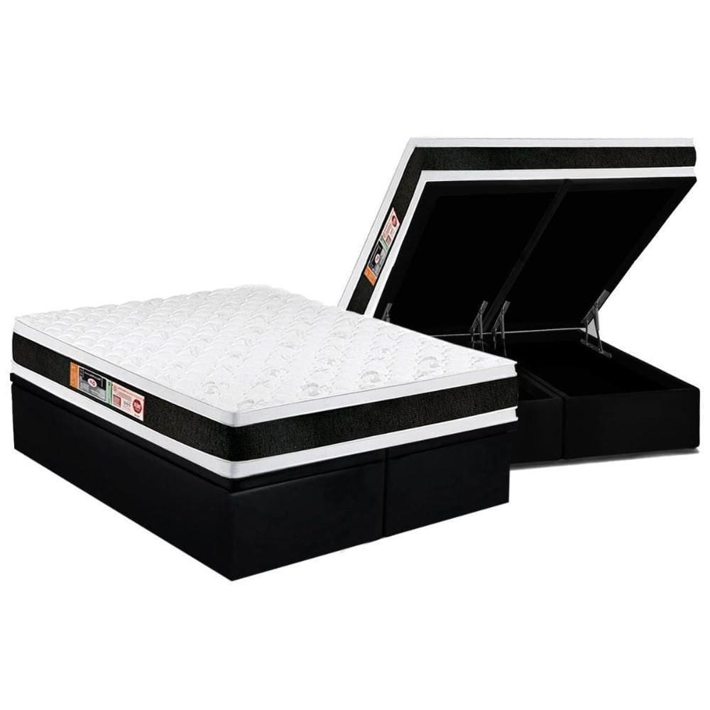 Cama Box Baú Queen: Colchão Espuma D45 Castor Black E White Air Double Face + Base Black(158X198)