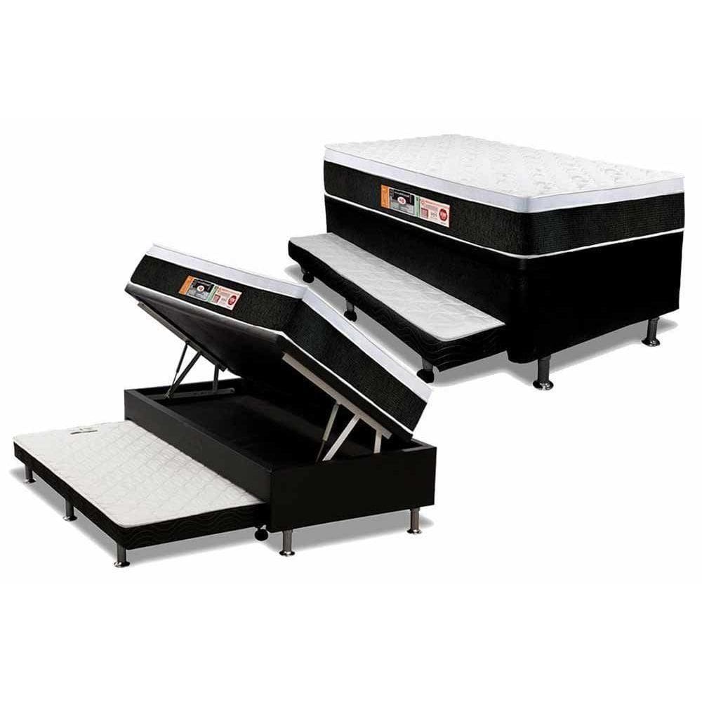 Cama Box Baú C/Auxiliar Solteiro: Colchão Espuma Castor D45 Black E White + Base Black(88X188)