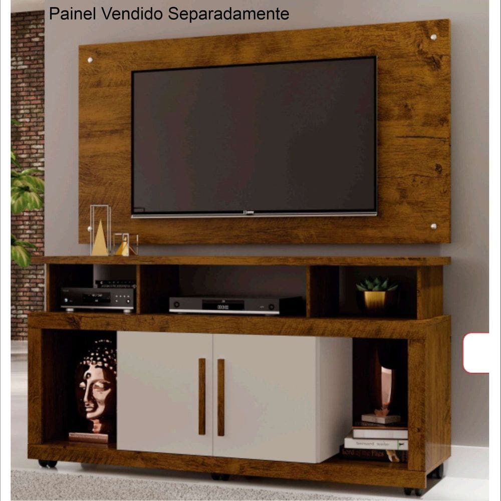 Rack Bancada Sala com Pés de Rodinha e 2 Portas Star 135x70cm Canela/Off White