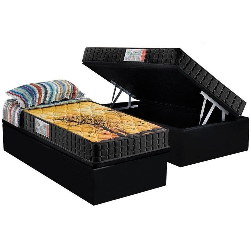 Cama Box Baú Solteiro: Colchão Espuma Anjos D28 - Ag65 Pantanal + Base Crc Suede Black(88x188)