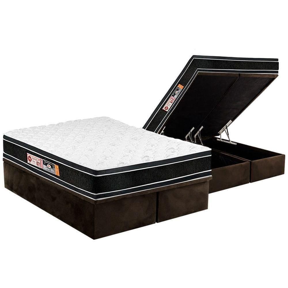 Cama Box Baú Queen: Colchão Espuma D33 Castor Black E White Air Euro PillowBase Suede Brown(158x198)