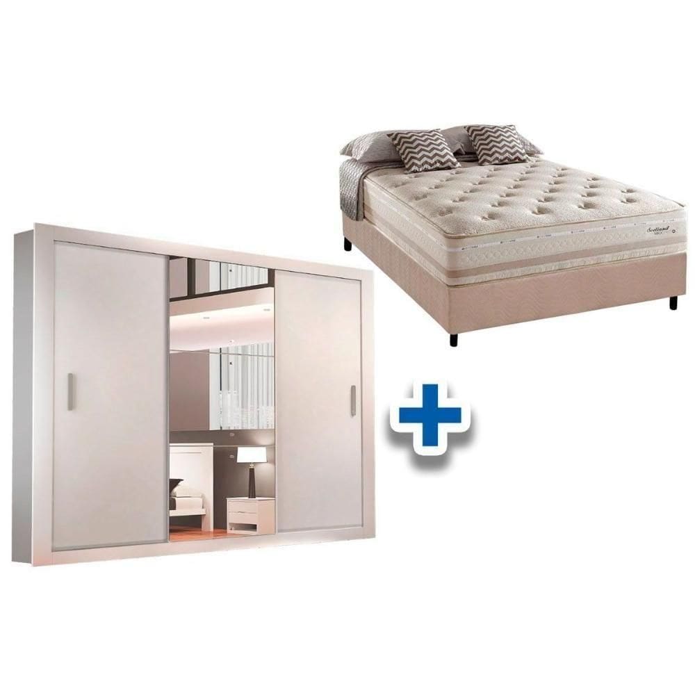 Cama Box Casal + Colchão Scotland Herval + Guarda Roupa Veneza Luxo Branco