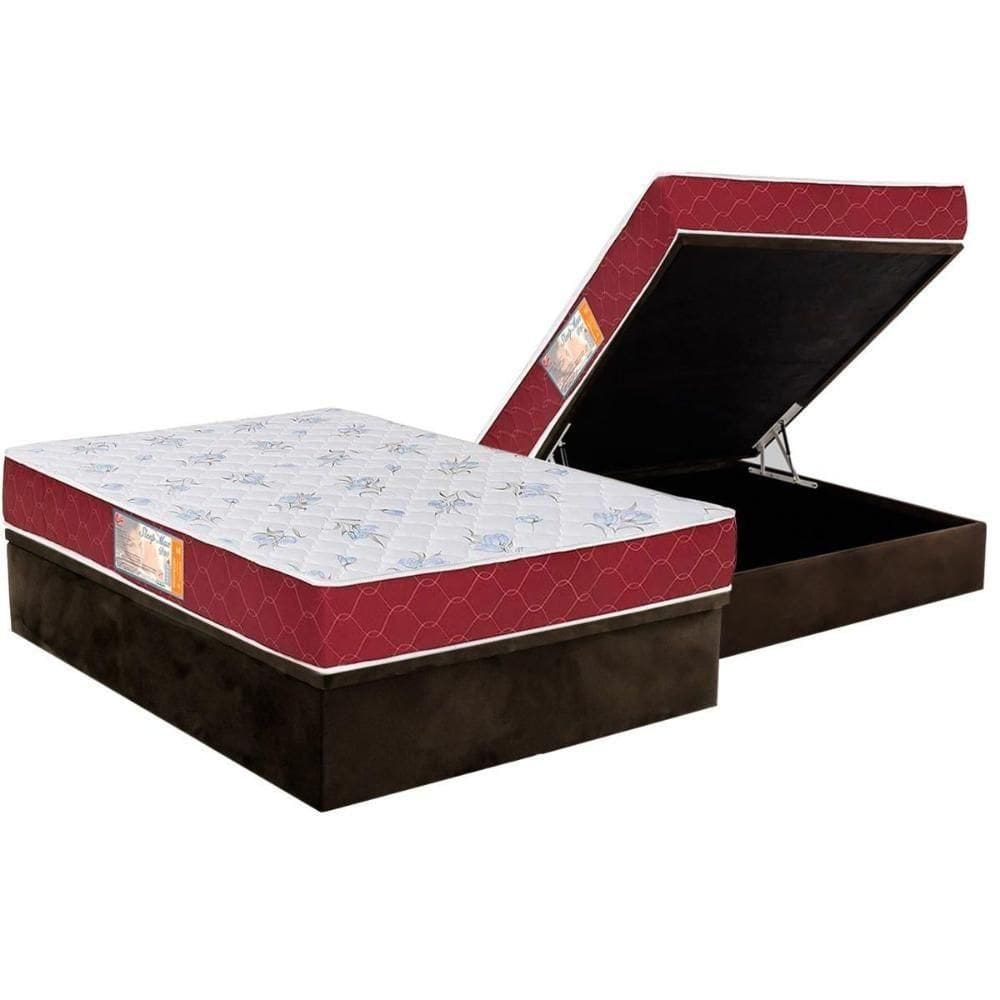 Cama Box Baú Casal: Colchão Espuma Castor D20 Sleep Max Duplo + Base Crc Suede Brown(138X188)
