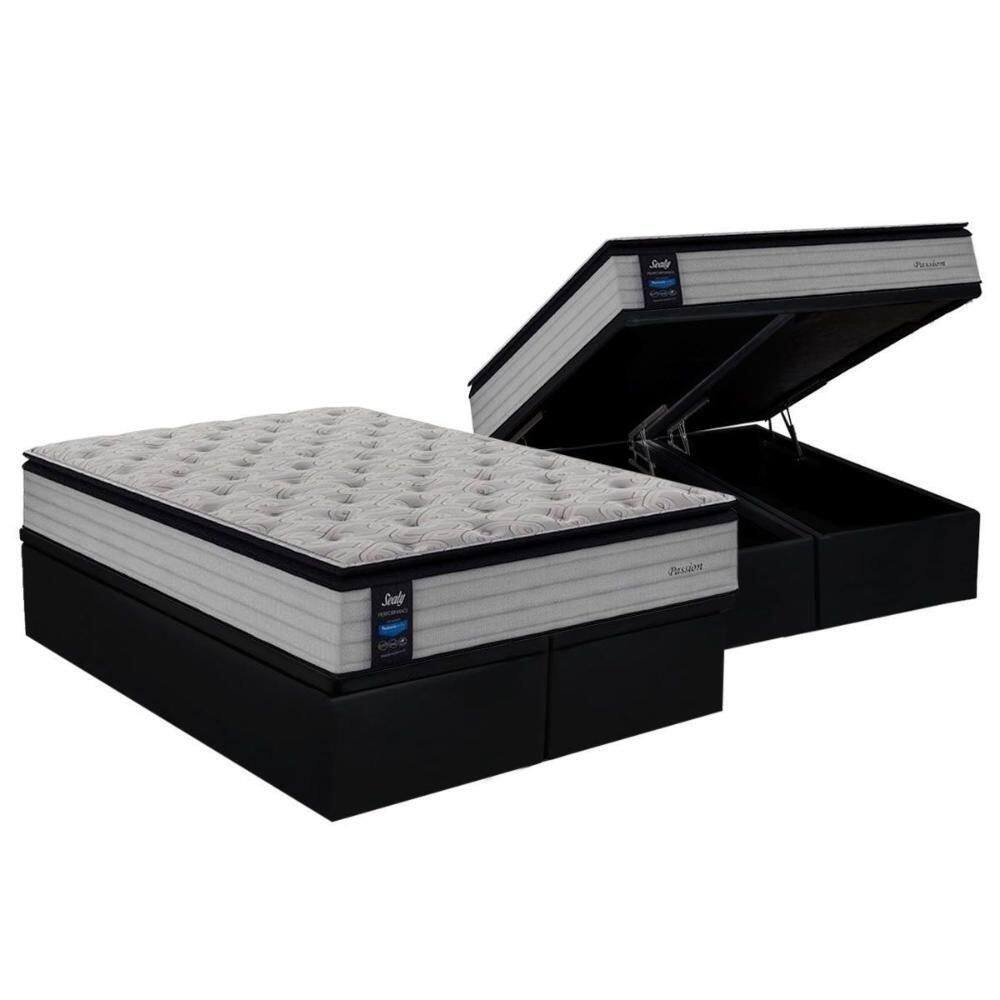 Cama Box Baú Queen: Colchão Molas Sealy Posturepedic PassionBase Suede Preto(158x198)