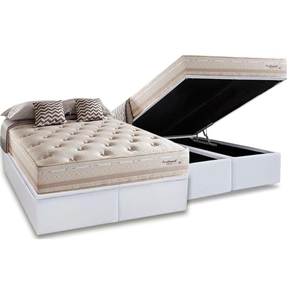 Cama Box Baú Queen: Colchão Molas Herval Maxspring Scotland + Base Crc Courano White(158x198)