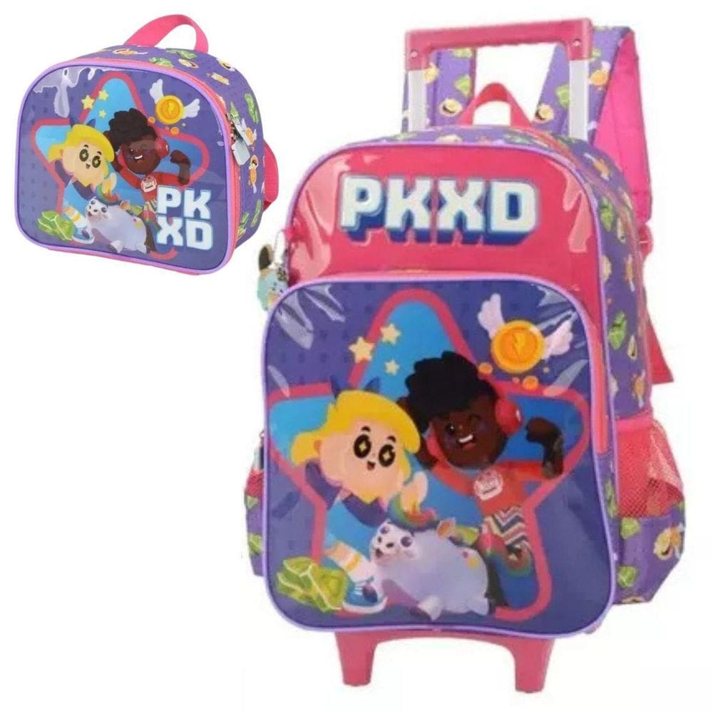 Kit Mochila Rodinhas Lancheira Pkxd Festas Menina Infantil