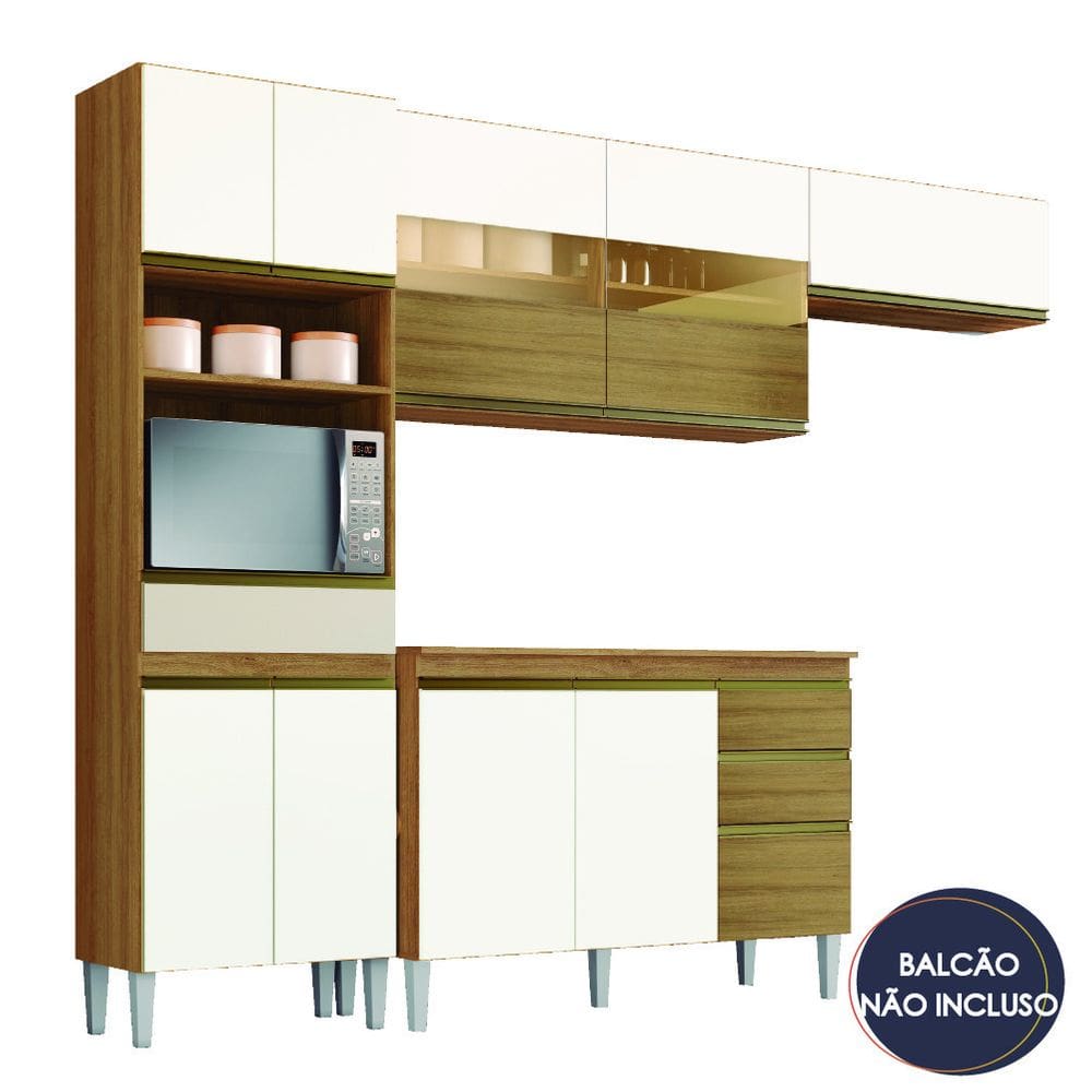 Armário de Cozinha com Vidro Reflecta e Nicho para Micro-ondas 7 Portas Clara Atacama / Branco