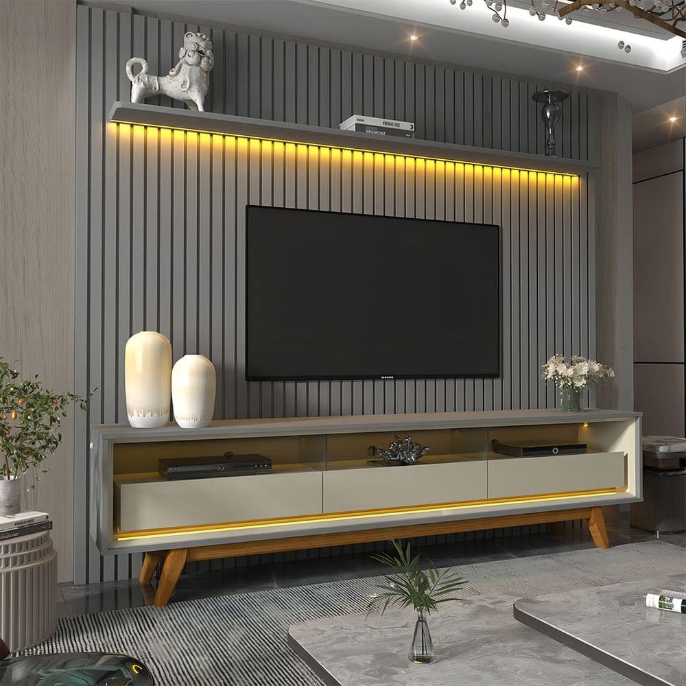 Rack E Painel Ripado Para TV Até 85 Led Nobre 230 Com Pés Cinza/Off White - Gelius