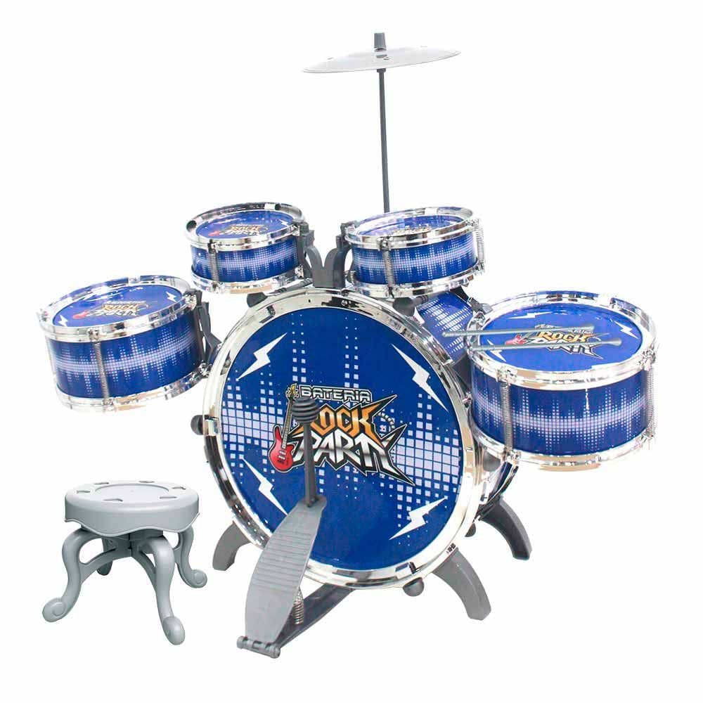 Bateria Infantil com Banquinho - Rock Party - Azul - DM Toys