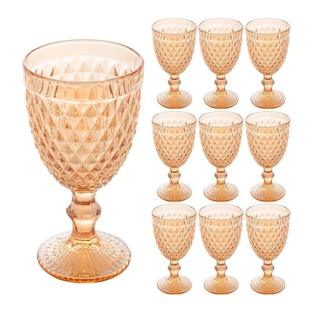 Jogo 10 Taças De Vidro Bico Abacaxi Cor âmbar Metalizado Para água Vinho Lyor 325ml