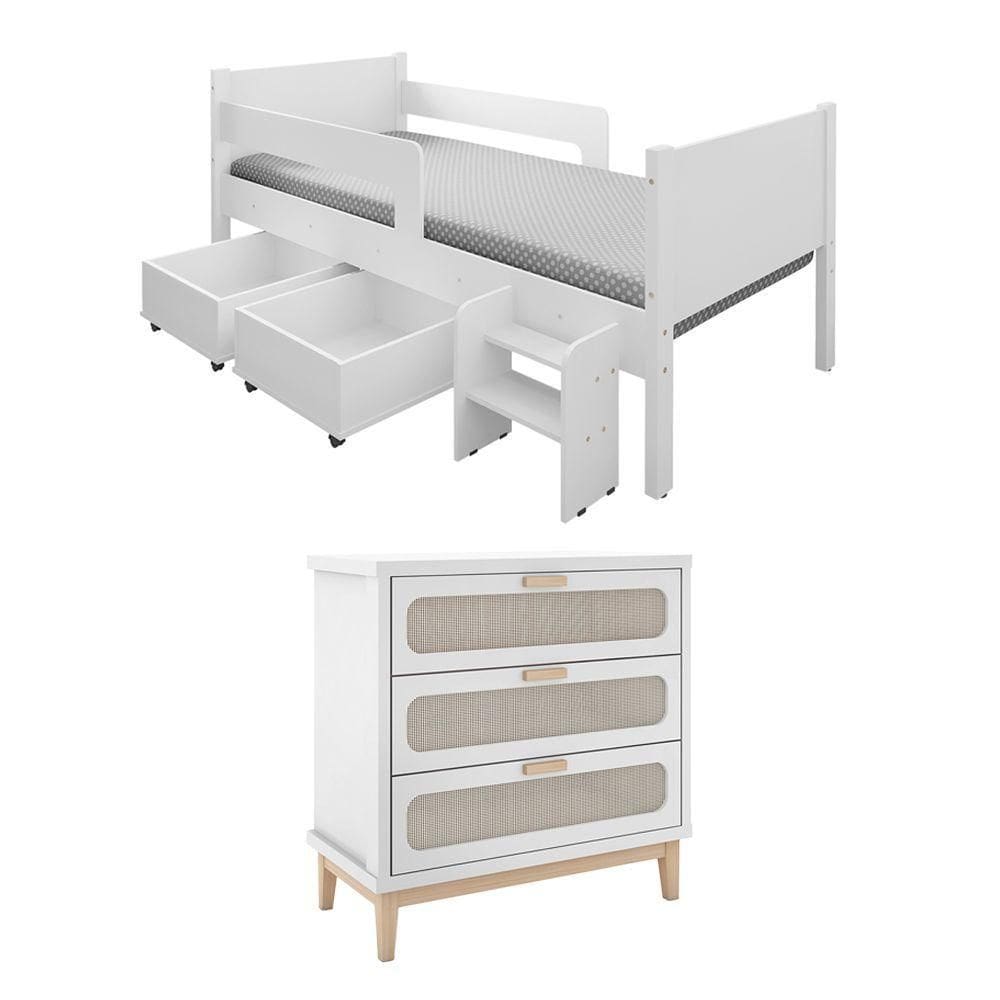 Kit Quarto Infantil Cama Luna Com Organizador Escada E Cômoda Isa - Branco - Branco
