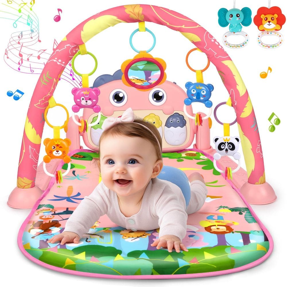 Tapete de brincar para bebês UMIKU Dinosaur com piano e brinquedos suspensos rosa