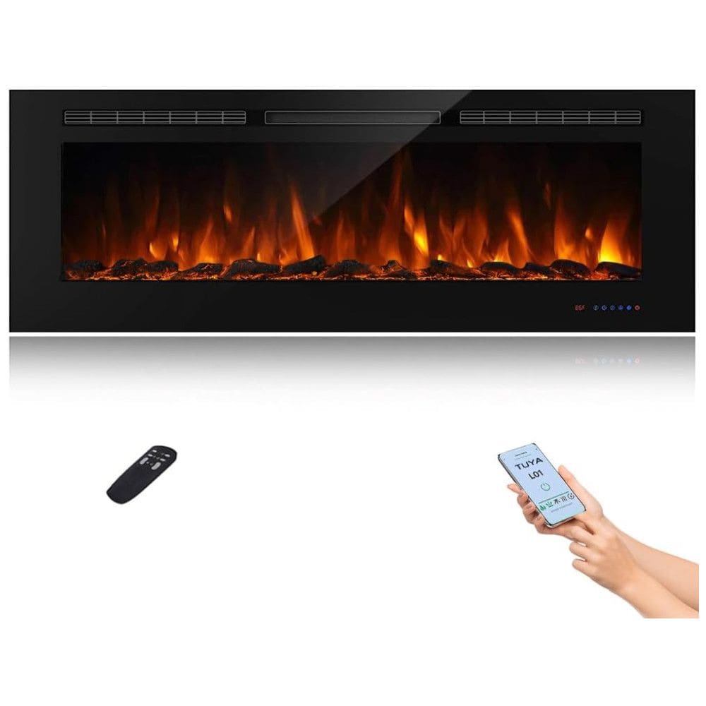 Lareira Elétrica Inteligente de 152 cm com Wi-Fi, 5 Ajustes de Chama, Troncos ou Cristais, Controle de Temperatura por Painel Touch, Masarflame