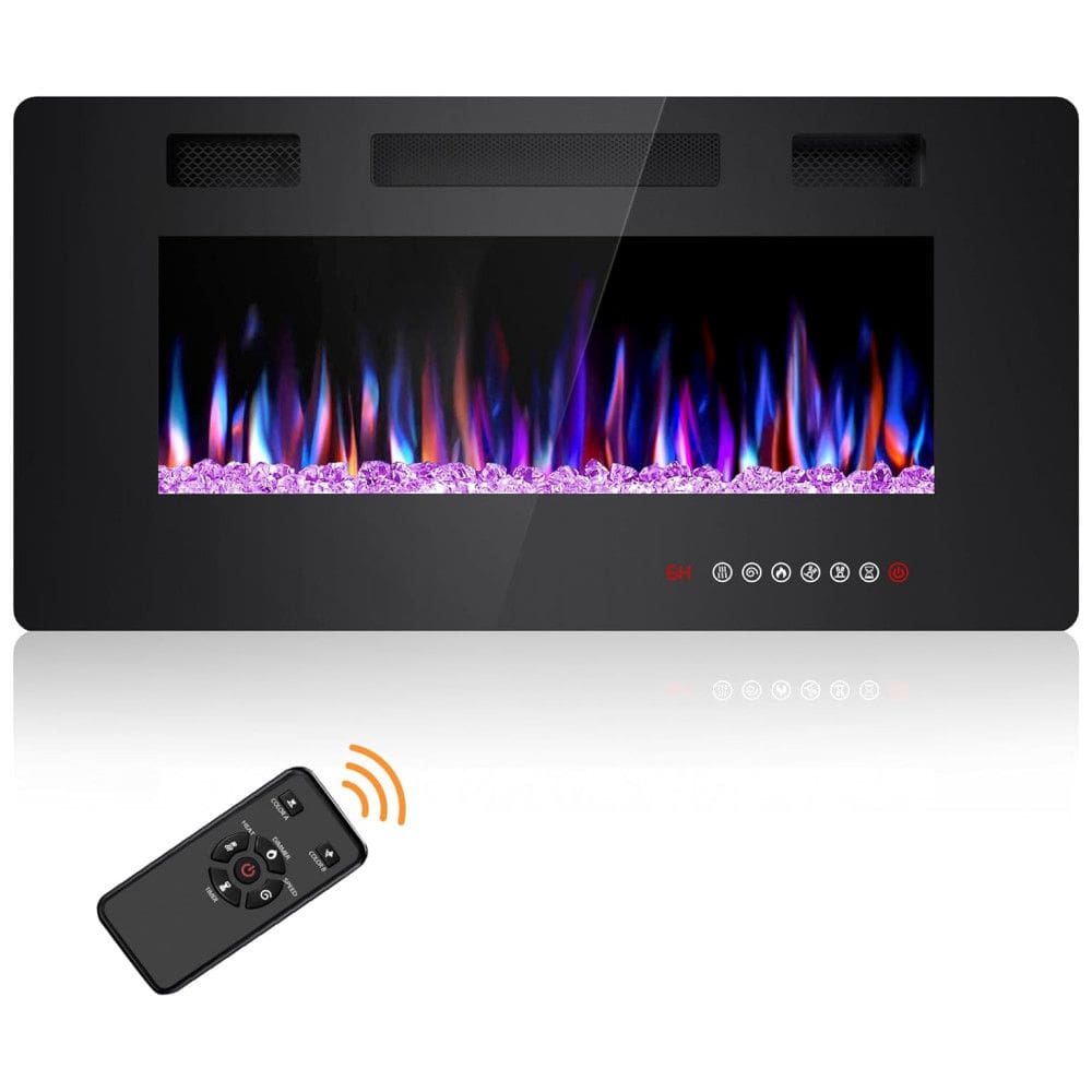 Lareira Elétrica Joy Pebble de 91 cm, Embutida ou de Parede, com Aquecedor 750/1500W, LED Touch, Controle Remoto, Timer, Chamas Ajustáveis em Cor