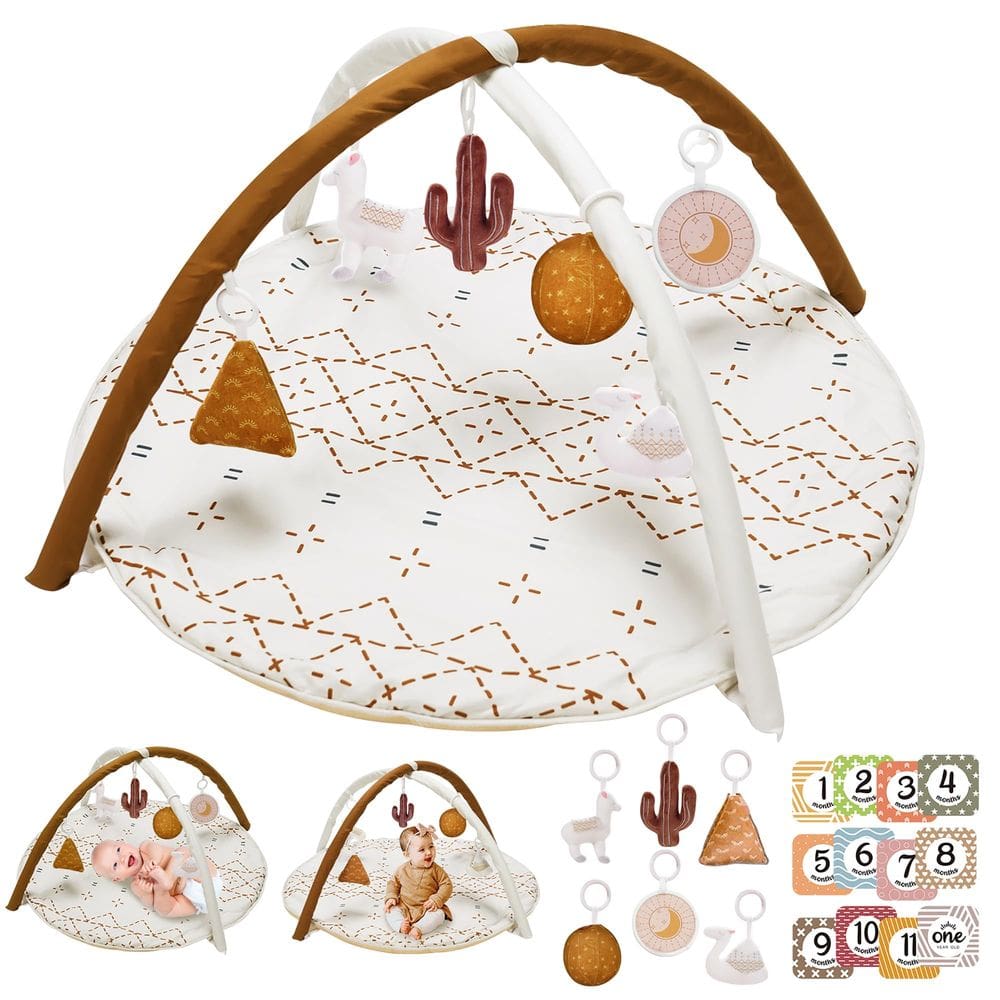 Tapete Tummy Time Activity Mat Little Dove Macrame com brinquedos e cartões