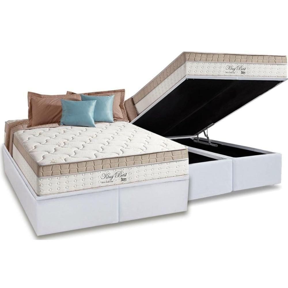 Cama Box Baú Queen: Colchão Molas Anjos Superlastic King Best + Base Crc Courano White(158X198)
