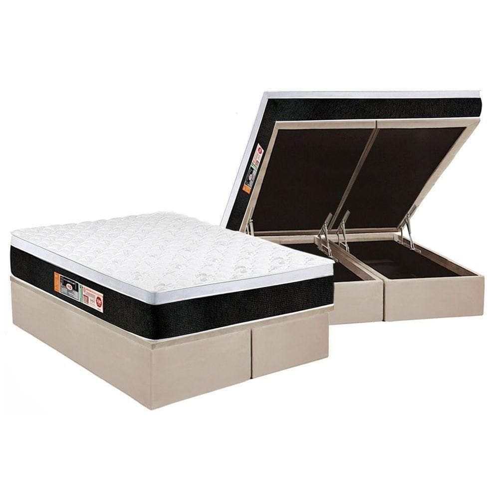 Cama Box Baú Queen: Colchão Espuma Castor D45 Black E White Air Euro Pillow + Base Clean(158X198)