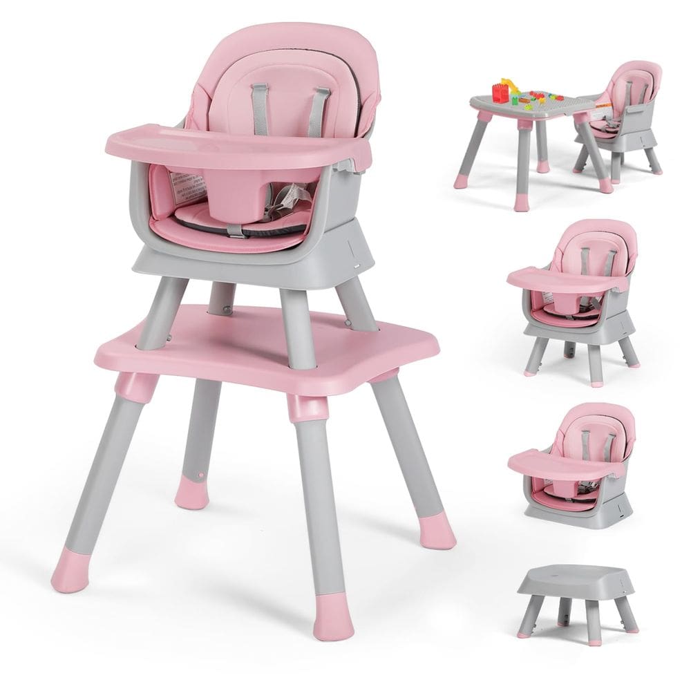 Cadeira alta para bebês Kinder King 8 em 1 com bandeja e capa de assento rosa