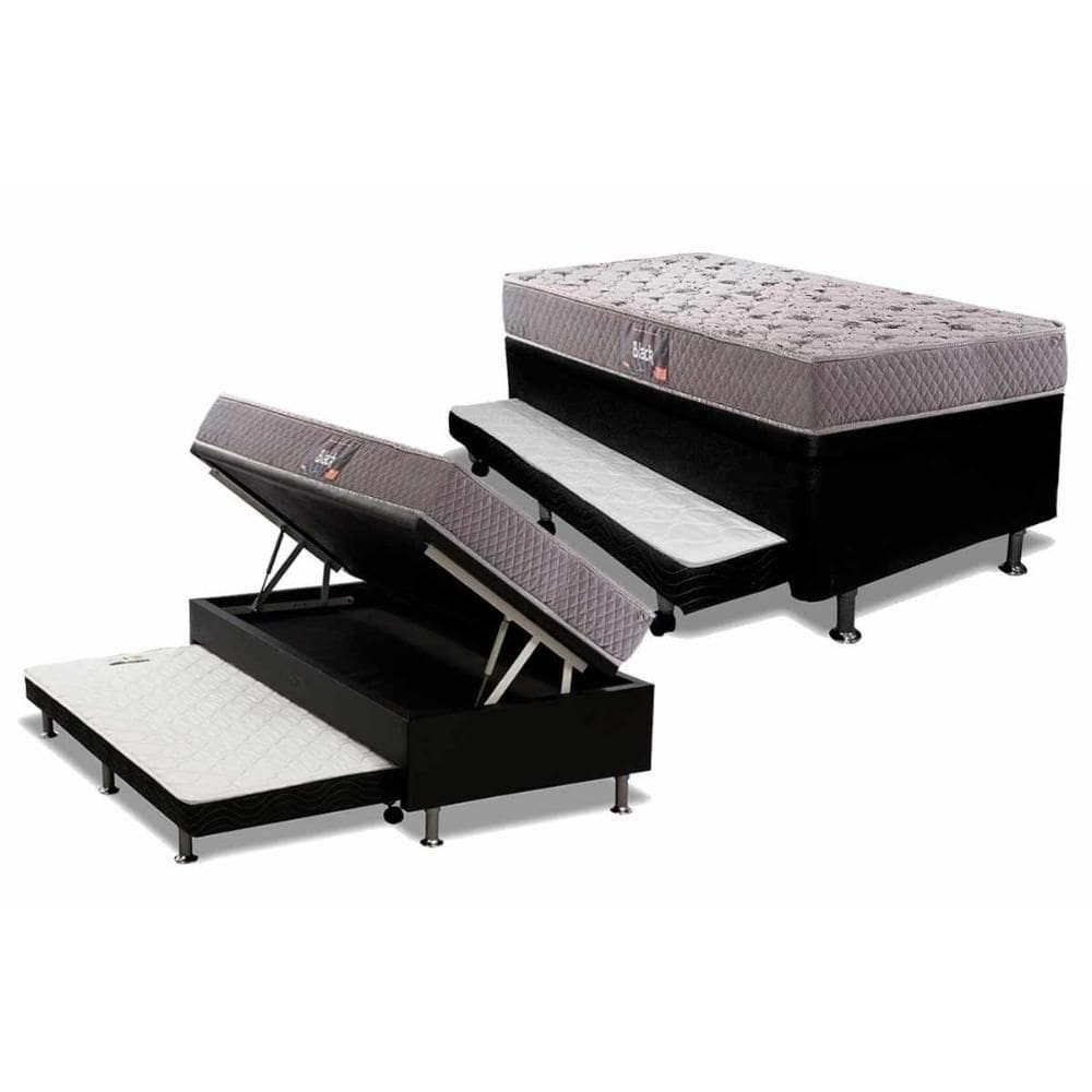 Cama Box Baú C/Auxiliar Solteiro: Colchão Anatômico Herval D28/Ag65 Black Side+Base Black(88X188)