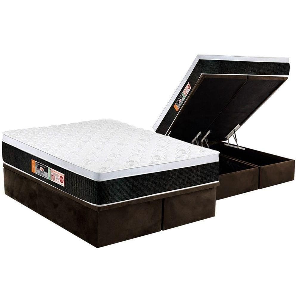 Cama Box Baú King: Colchão Espuma Castor D45 Black E White Air Euro Pillow + Base Brown(193X203)