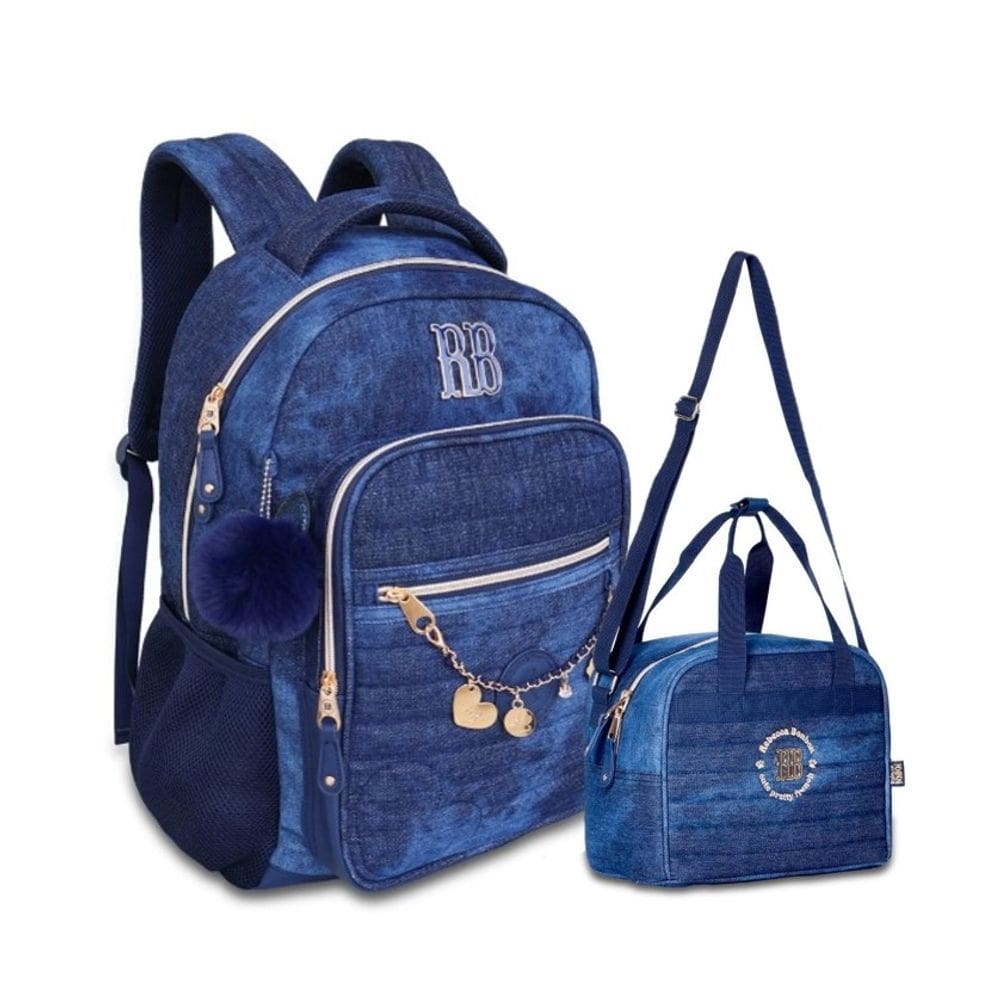 Kit Mochila de Costas e Lancheira Jeans Juvenil Rebecca Bonbon
