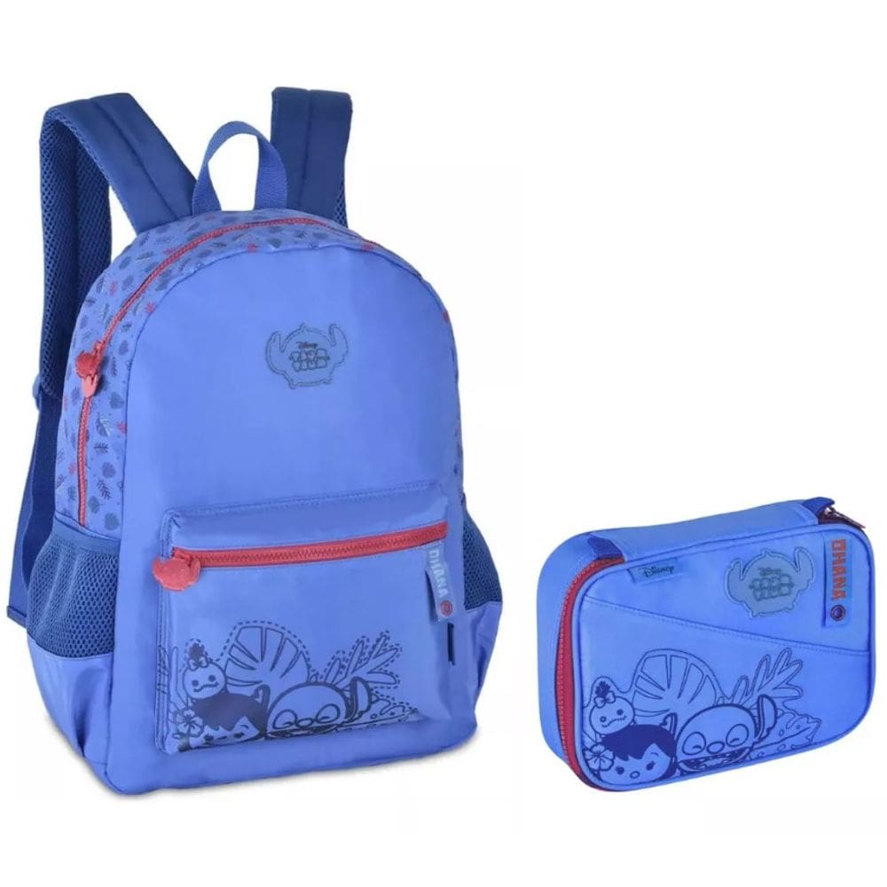 Kit Mochila de Costas Disney Stitch Tsum Tsum com Estojo