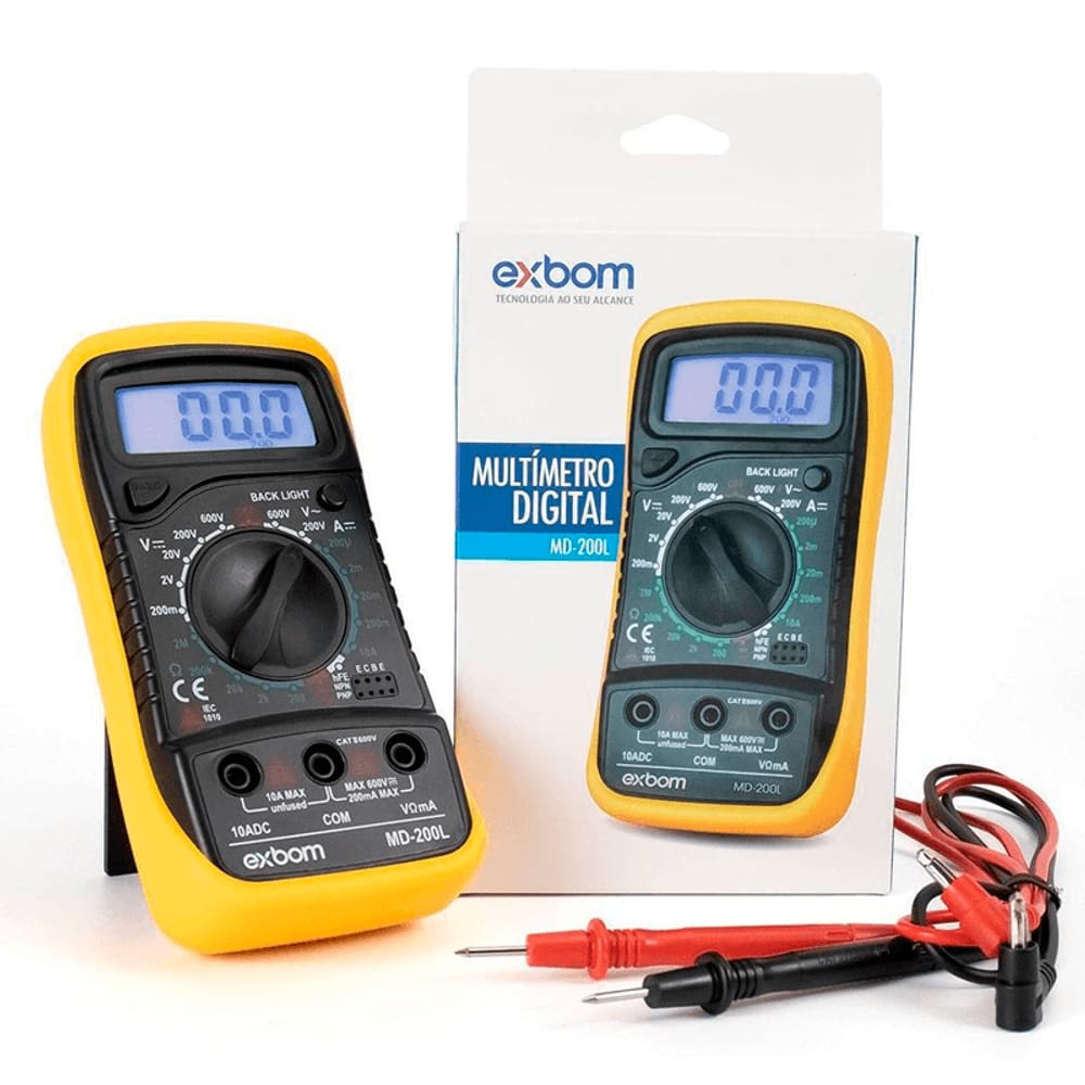 Multímetro Digital Exbom MD-200L com Fusível Auto Restaurador, Display Iluminado e Capa Emborrachada