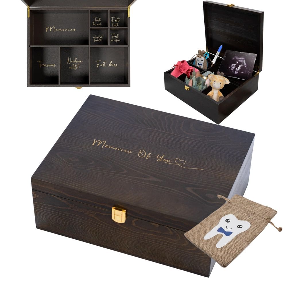 Caixa de lembrança para bebês Sunlit Market de madeira com bolsa Tooth Fairy