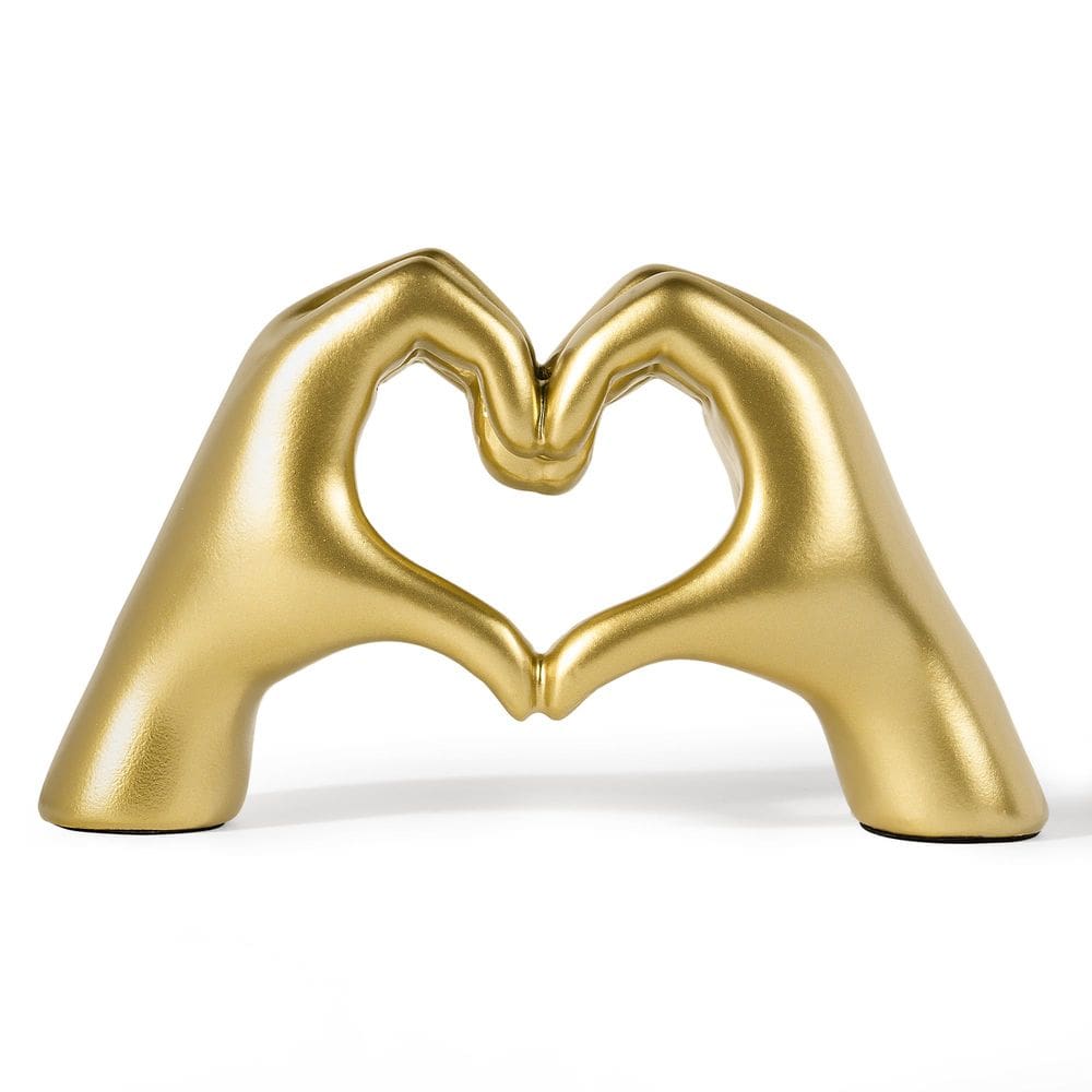 Escultura: coração, mãos, resina dourada, decoração de casa, sala de estar