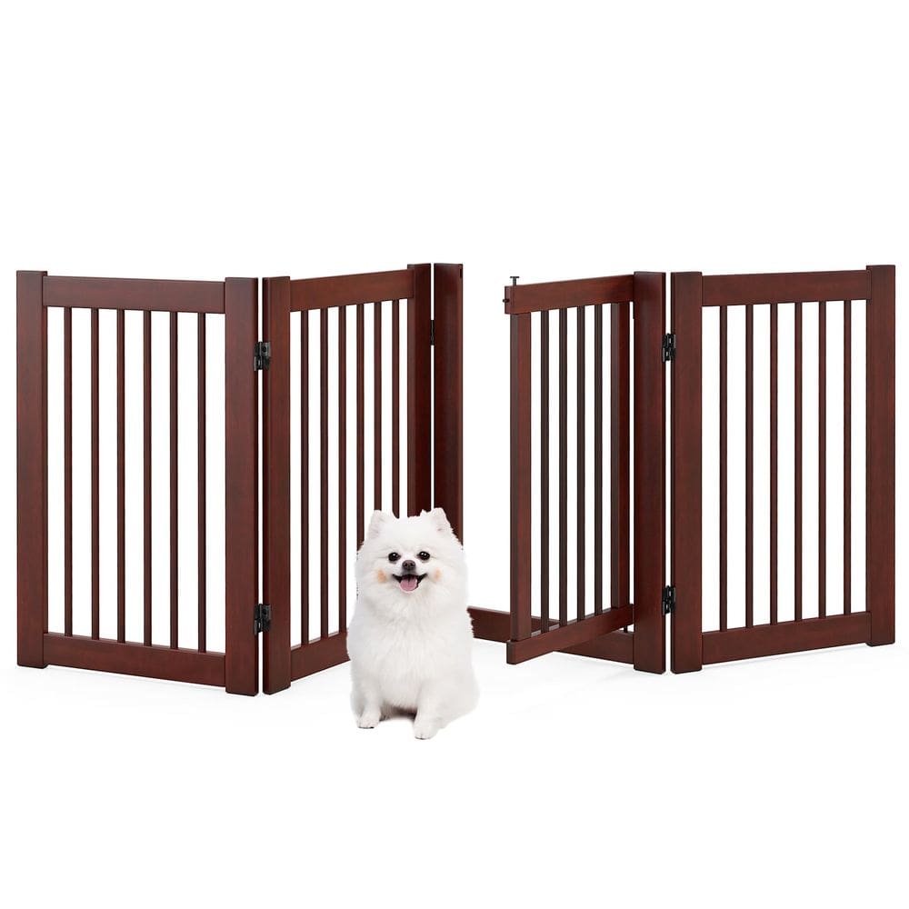 Portão para animais de estimação Giantex 30"H × 80" W de madeira com porta para cachorro Dark Cherry