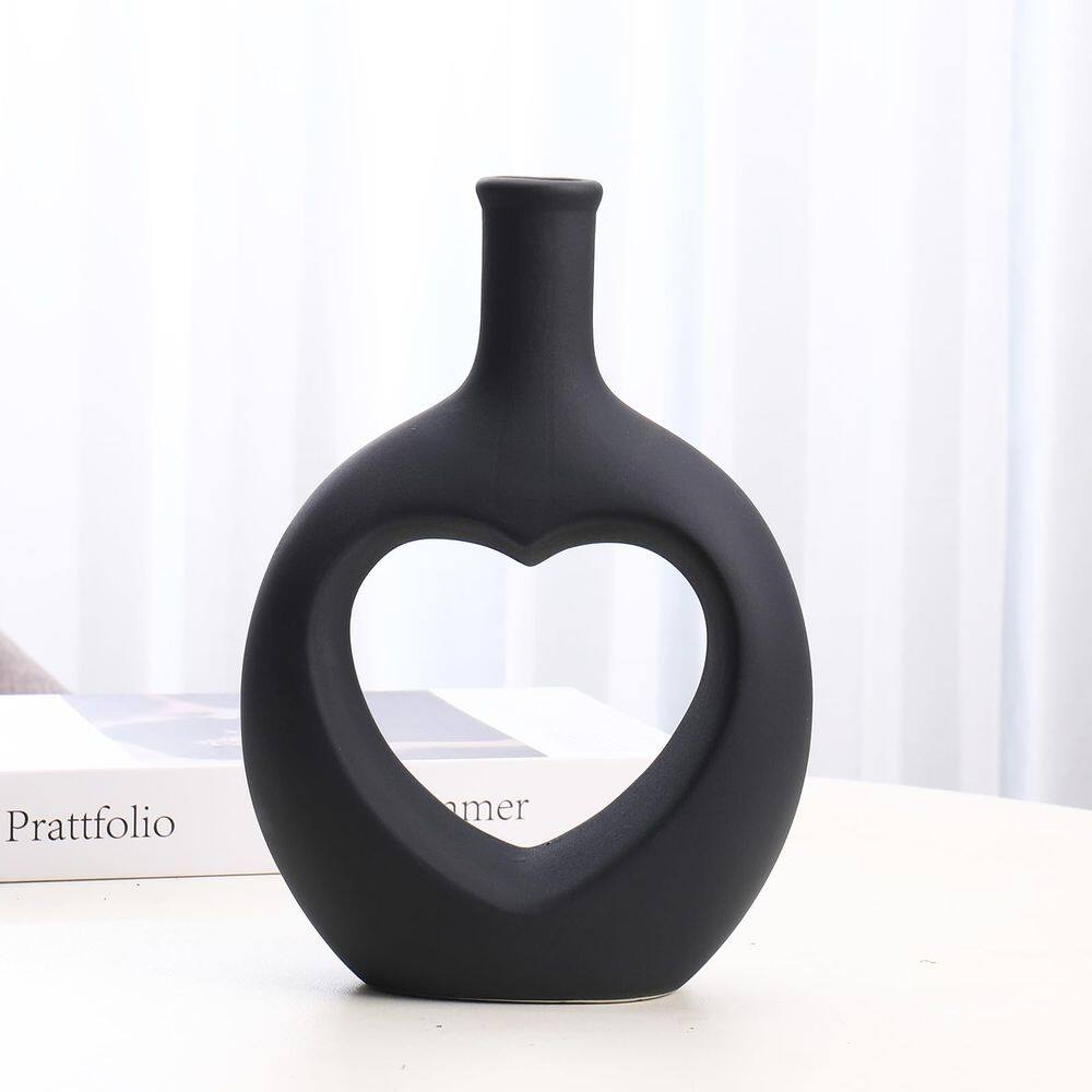 Vaso JDZMYF em cerâmica preta em forma de coração para decoração de dia dos namorados