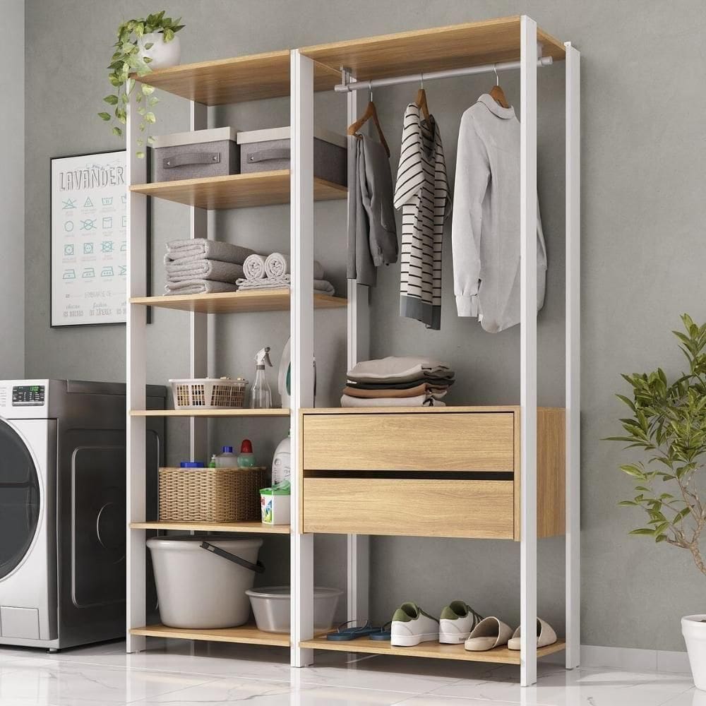 Armário Multiuso De Lavanderia Modulado 135cm 2 Peças Multimóveis Mp5058 Branco/madeirado