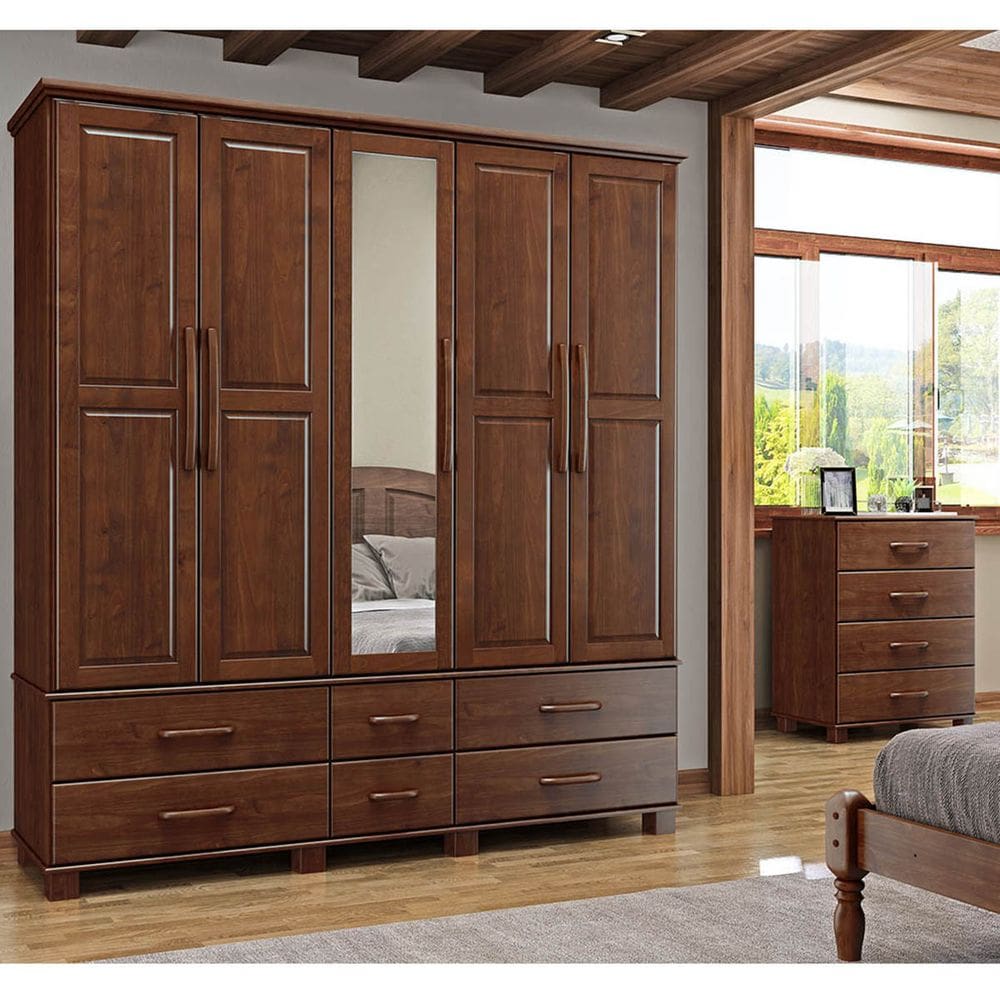 Conjunto Quarto: Guarda-Roupa Casal 5 Portas 6 Gavetas, Cômoda 4 Gavetas Ouro Café Madeira Pinus - Finestra