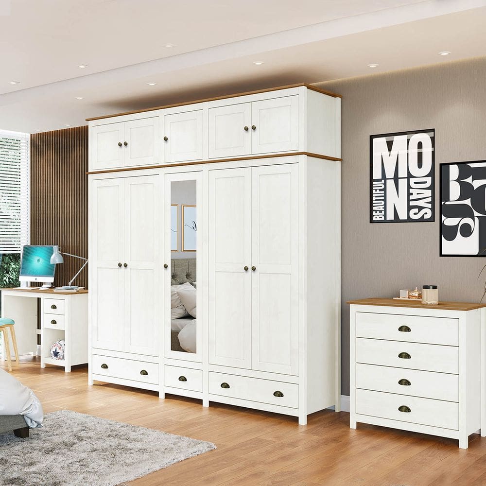Conjunto Quarto: Guarda-Roupa 10 Portas, Escrivaninha, Cômoda 4 Gavetas Topázio Branco/Freijó Madeira Pinus - Finestra