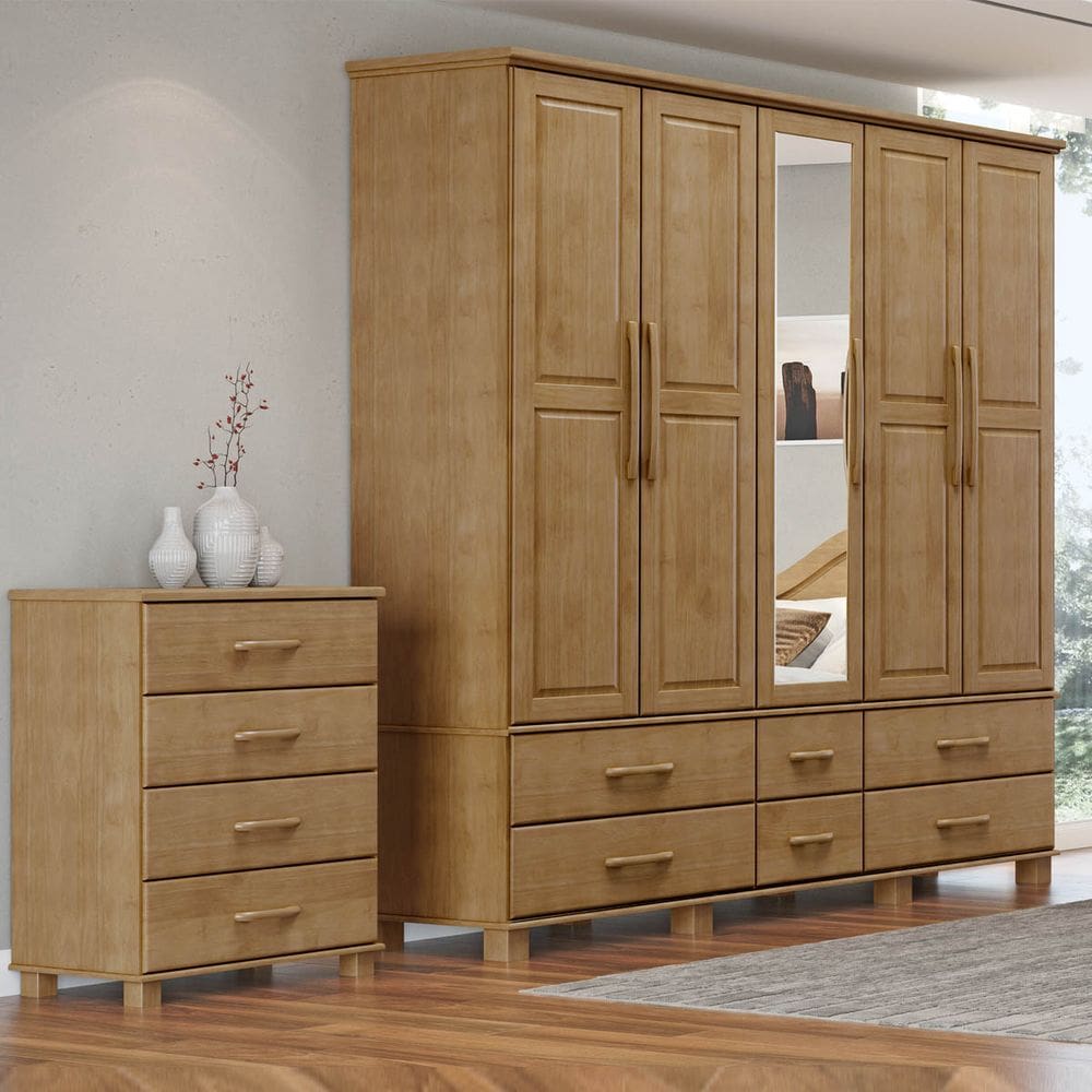 Conjunto Quarto: Guarda-Roupa Casal 5 Portas 6 Gavetas, Cômoda 4 Gavetas Ouro Freijó Madeira Pinus - Finestra