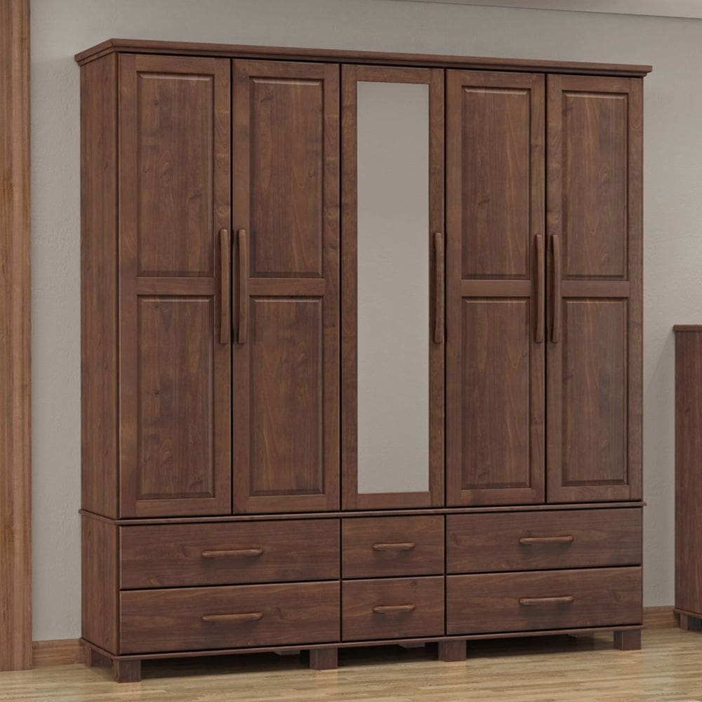 Guarda-Roupa Bipartido 5 Portas 6 Gavetas Ouro Café Madeira Pinus - Finestra