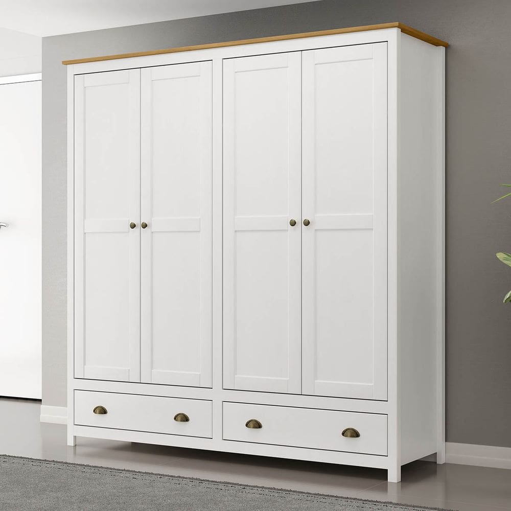 Guarda-Roupa 4 Portas 2 Gavetas Topázio Madeira Pinus Branco/Freijó - Finestra