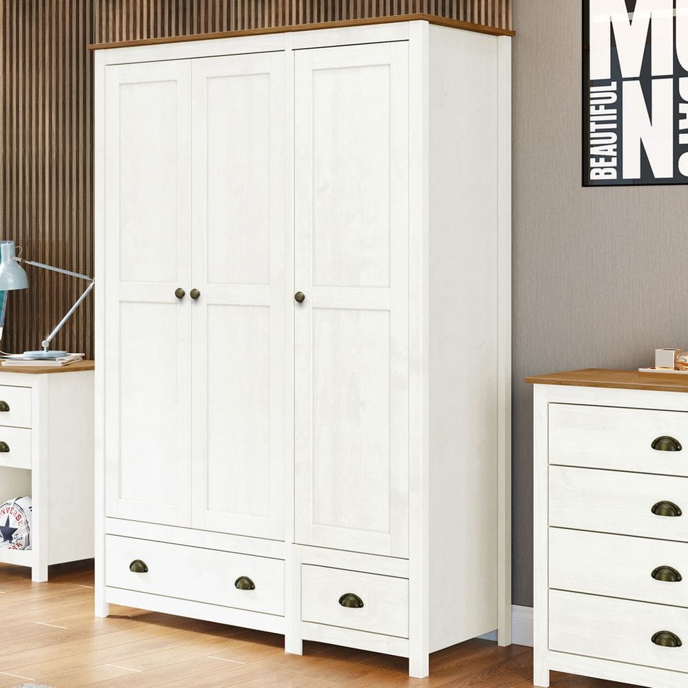 Guarda-Roupa 3 Portas 2 Gavetas Topázio Madeira Pinus Branco/Freijó - Finestra